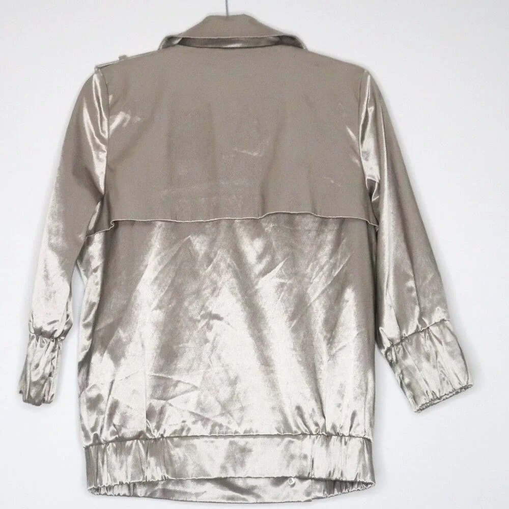 Kira Plastinina Womens Blazer‎ Jacket Size M Silver Coat Satin 90s Metallic